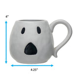 White ceramic mug with a ghost design, one with a handle, dimension is 4" by 4.5".