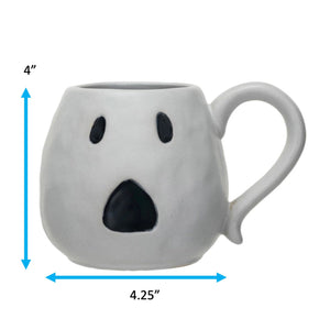 White ceramic mug with a ghost design, one with a handle, dimension is 4" by 4.5".