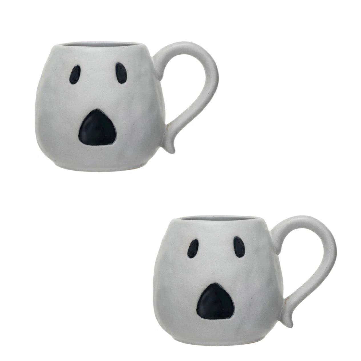 White ceramic mugs with a jack o'lantern design, one with a handle