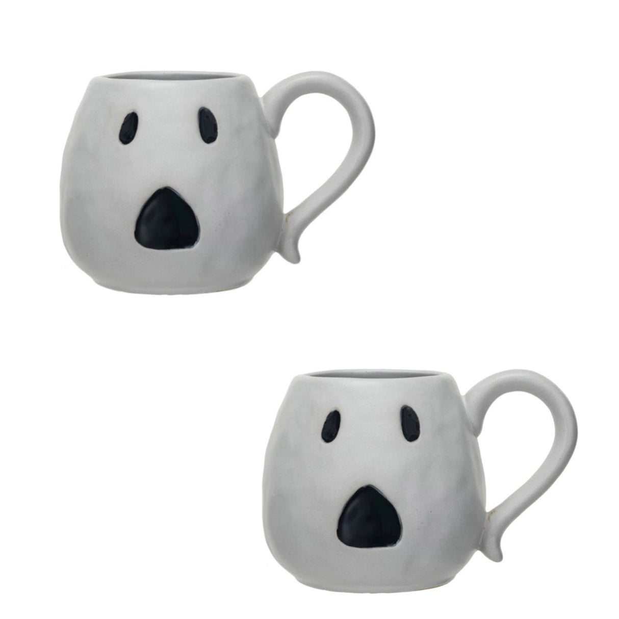White ceramic mugs with a jack o'lantern design, one with a handle
