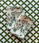Madcap Cottages East of the Sun chinoiserie cloth dinner napkins in celery green and light pink.