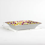 dimensions of the Madcap cottage rhubarb pink and yellow trinket tray with the saying be bold, dream in pattern.  1.5" x 6.5" x 8"