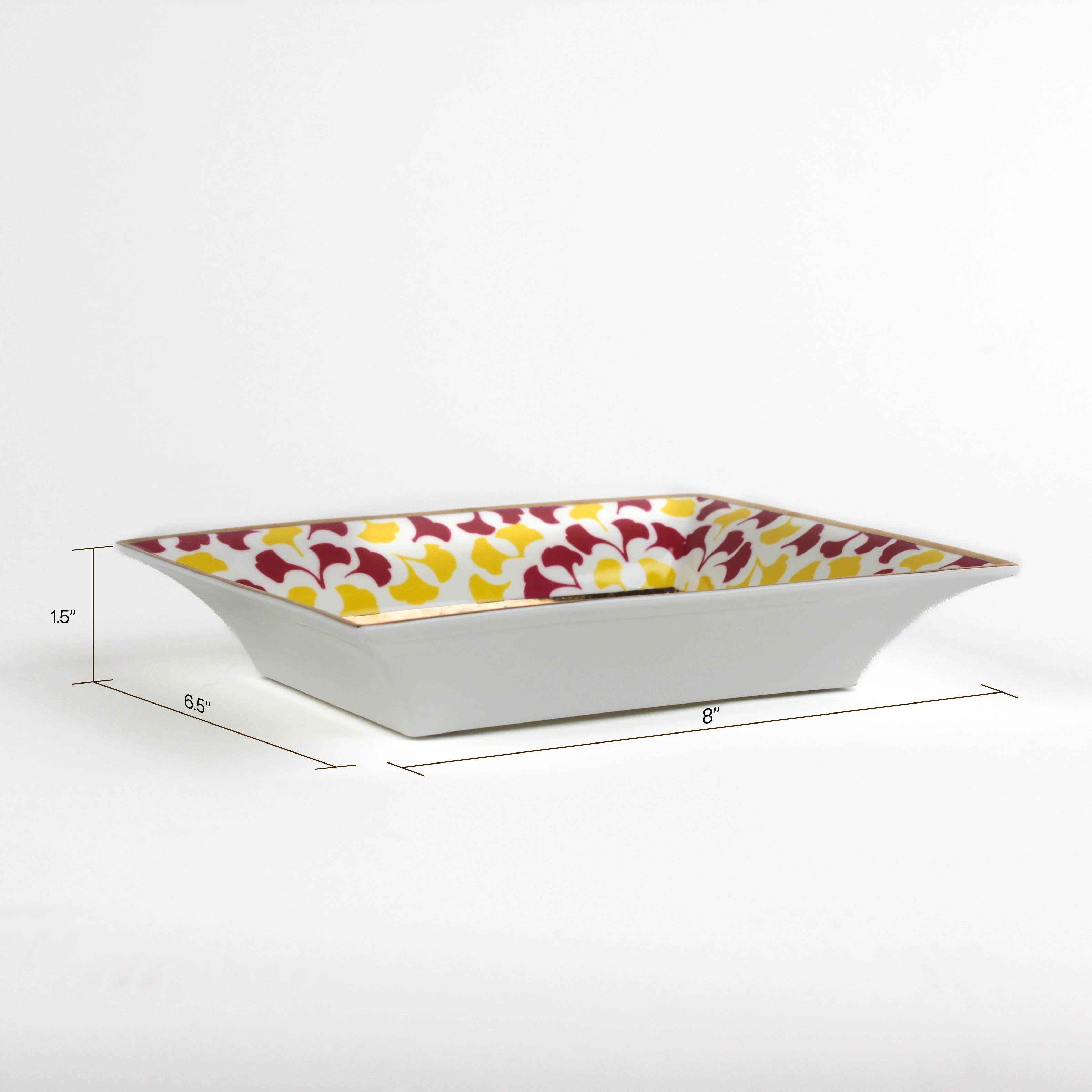 dimensions of the Madcap cottage rhubarb pink and yellow trinket tray with the saying be bold, dream in pattern.  1.5" x 6.5" x 8"