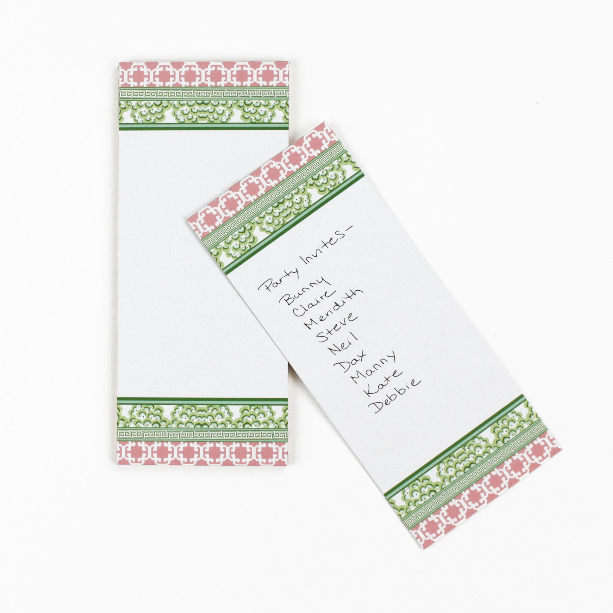 Chinoiserie Luxe Skinny Notepads with Island House Green/pink design in a white background