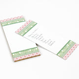 Chinoiserie Luxe Skinny Notepads with Island House Green/pink design in a white background