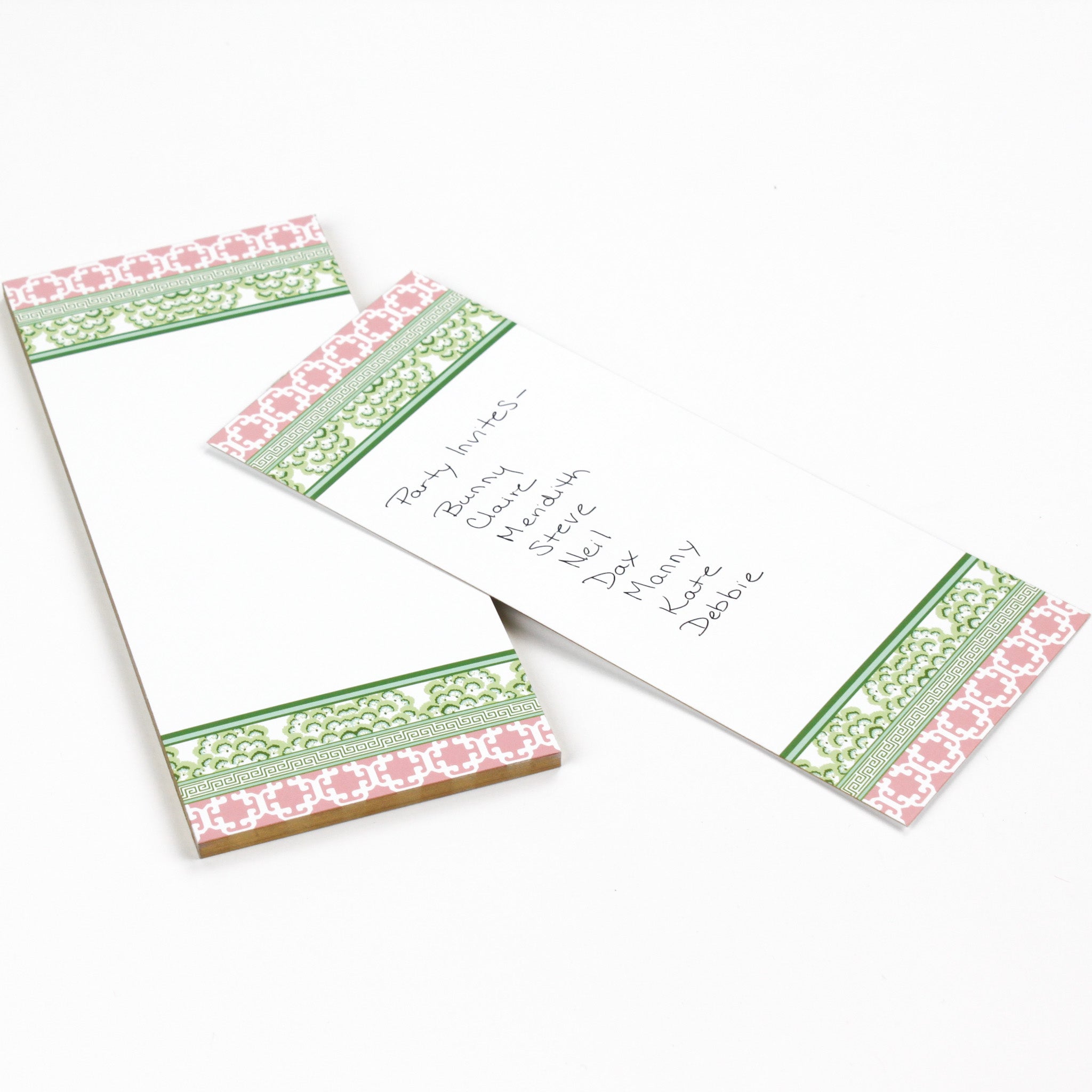 Chinoiserie Luxe Skinny Notepads with Island House Green/pink design in a white background