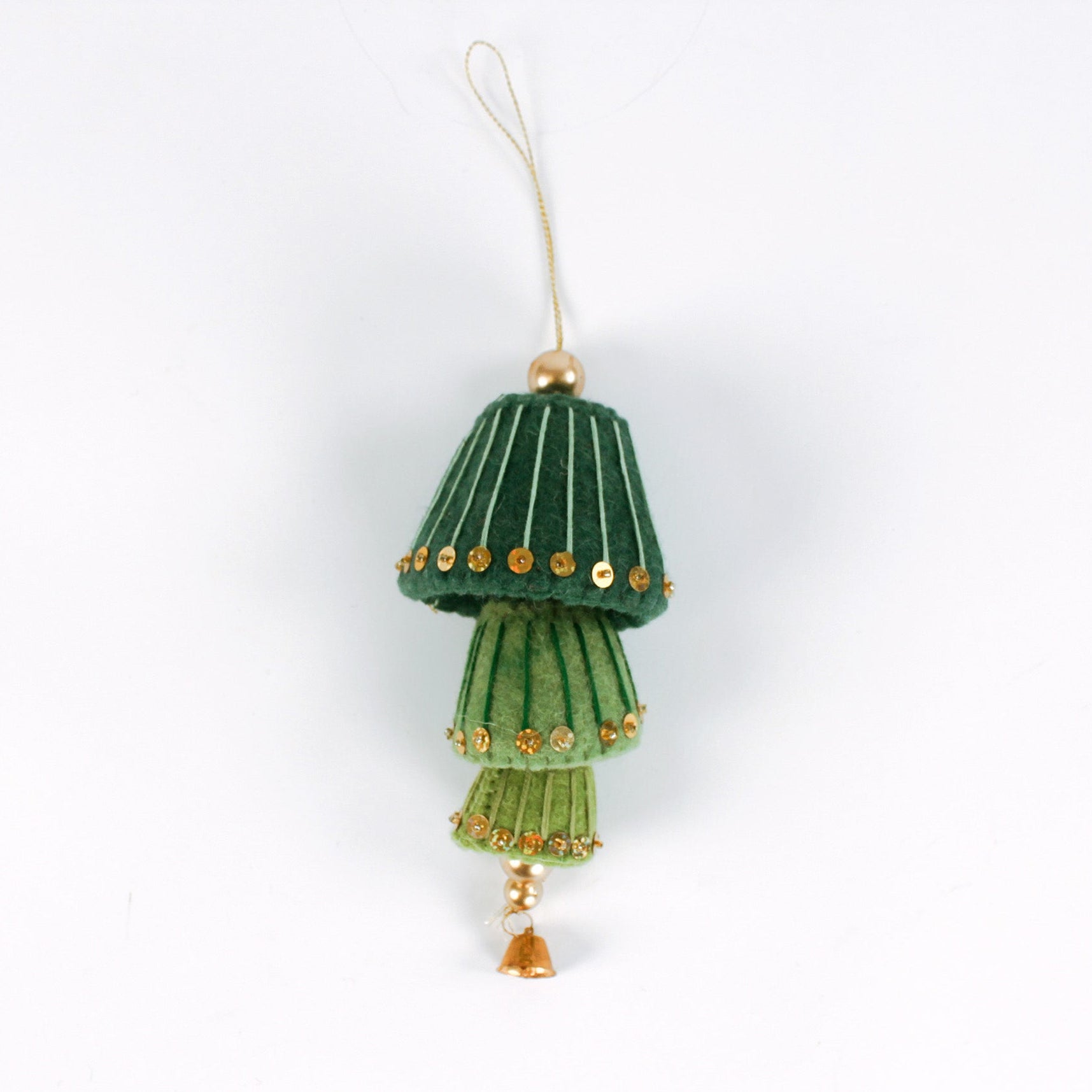 decorative felt christmas ornaments in green with gold sequin details on a white background