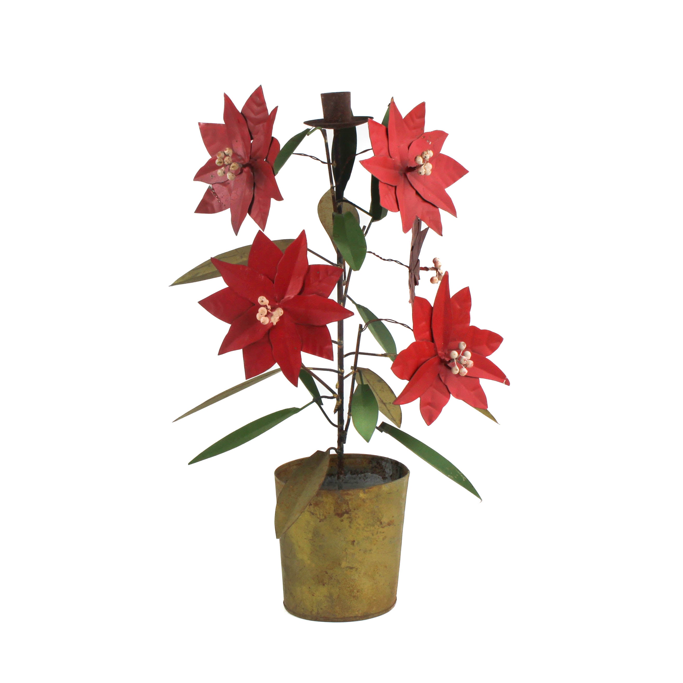 A large tole metal christmas candle holder in the shape of a poinsettia plant.