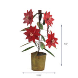 potted metal poinsettia flower decor in red with green leaves, standing 11.5 inches tall and 17.125 inches wide.