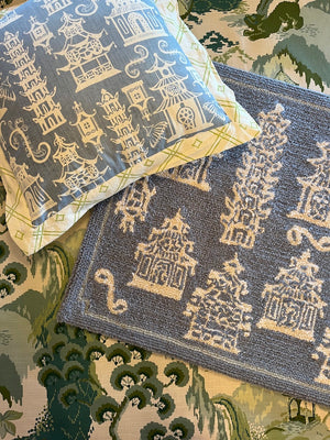 Pagodas, Pagodas! Blue Hooked Wool Rectangular Rug