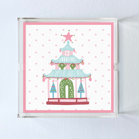 Blue. pink, and green pagoda square acrylic Christmas tray comes in 3 sizes.