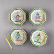 Small Chinoiserie Pagodas Hand-Painted Tole Metal Trays, Set of 4 white, trimmed in green, with pink, green, blue, and pink pagodas each different