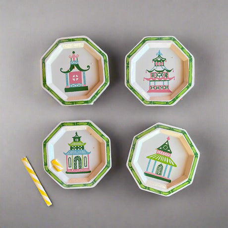 Small Chinoiserie Pagodas Hand-Painted Tole Metal Trays, Set of 4 white, trimmed in green, with pink, green, blue, and pink pagodas each different
