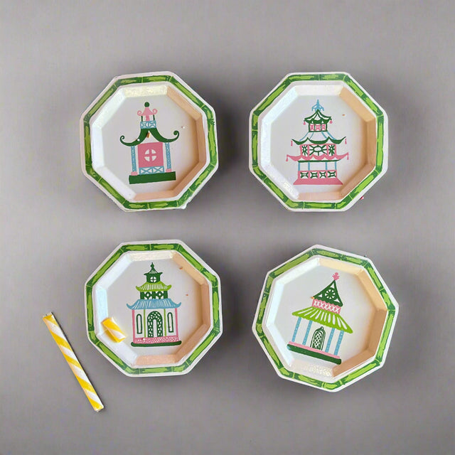 Small Chinoiserie Pagodas Hand-Painted Tole Metal Trays, Set of 4 white, trimmed in green, with pink, green, blue, and pink pagodas each different