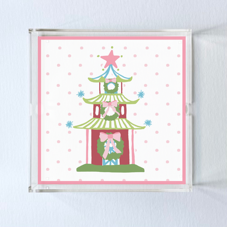 Green Festive Pagoda Square Acrylic Tray, 3 Sizes. Pagoda has a Christmas wreath with a pink polka dot background and pink border