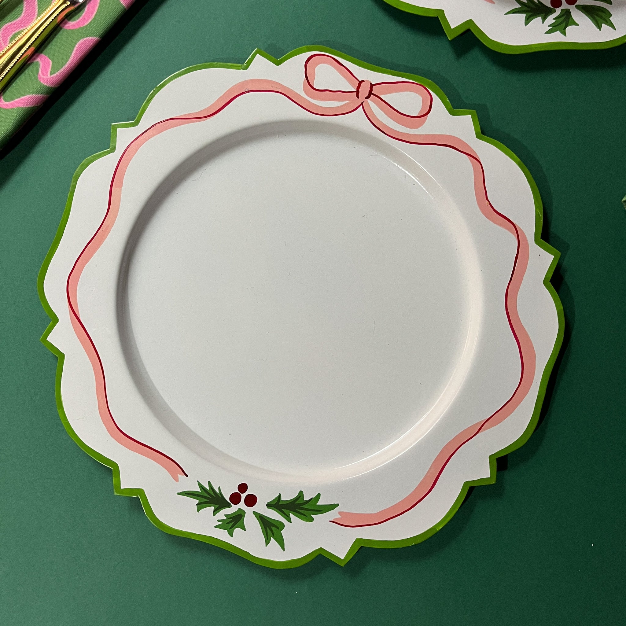 Christmas Ribbons and Holly Tole Metal Hand-Painted Charger.