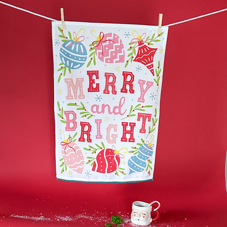 Colorful Ornaments Christmas Tea Towel with saying Merry and Bright 