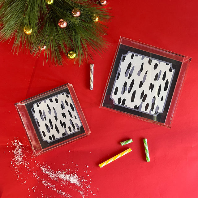 Club House Navy Blue Square Acrylic Tray, 3 Sizes. Club House is two shades of blue style brush strokes with a blue border.
