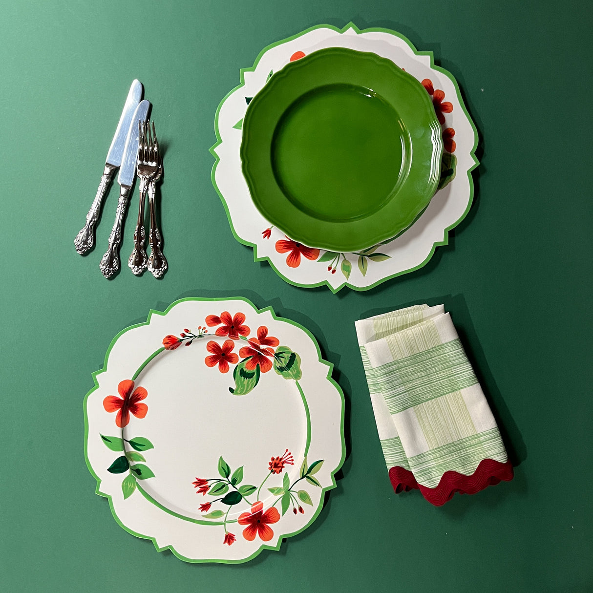 Cottage Grove Geranium Red Tole Metal Hand-Painted Charger.  White with green band on edge and red geraniums
