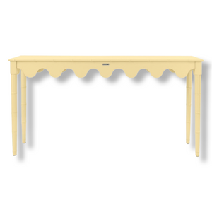 A yellow console table with scalloped edges