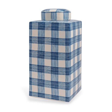 a blue and white lidded jar in a gingham pattern called Gin Lane from Madcap Cottage