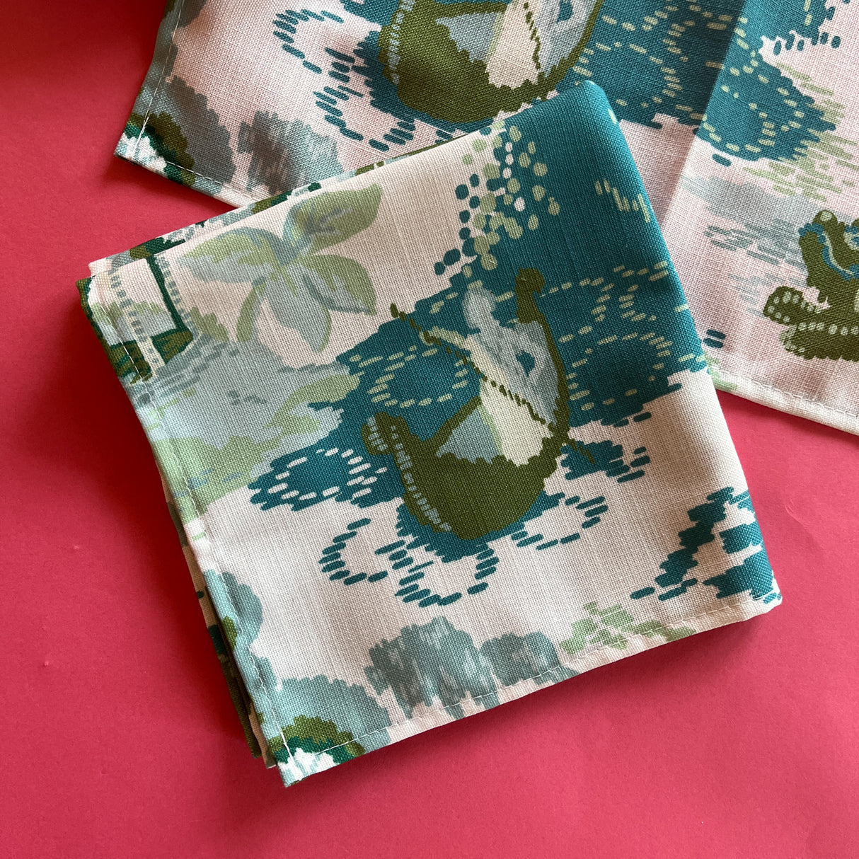 Green /Blue Chinoiserie Style No-Iron Dinner Napkins, Set of 2 with long boat on water and dragon.