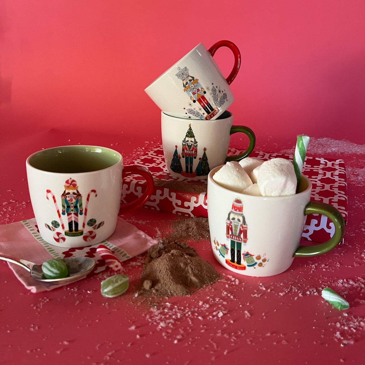 Multicolored Ceramic Nutcracker Christmas Mugs, Set of 4 decorated with a different nutcracker on each mug