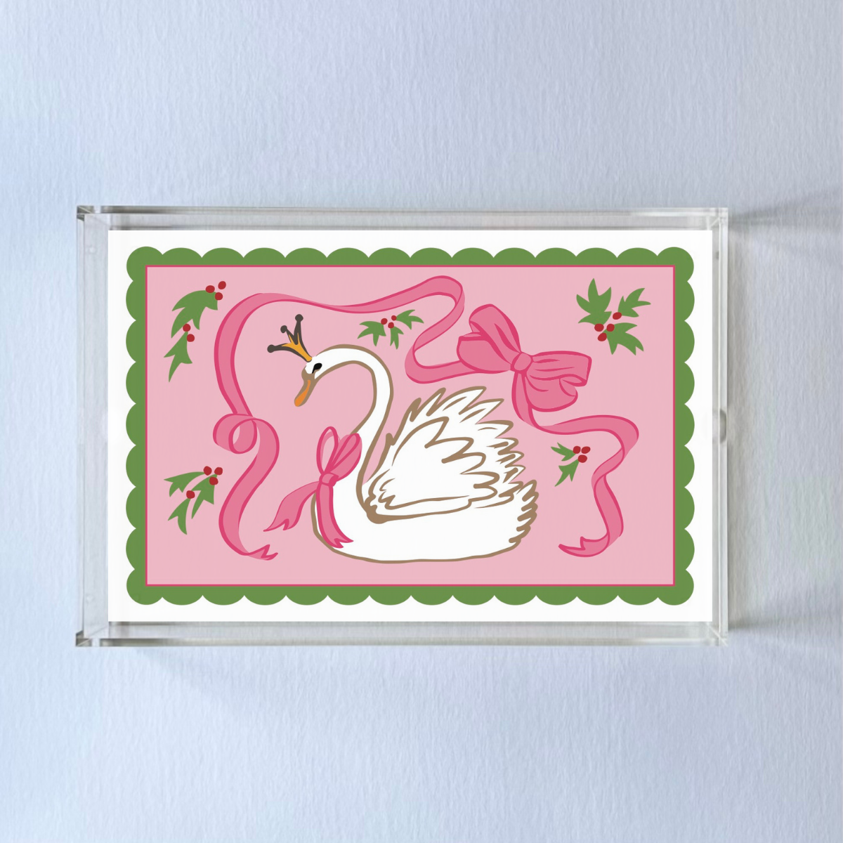 Madcap Cottage Acrylic Holiday serving tray a white swan on a pink background with holly and a green scalloped border