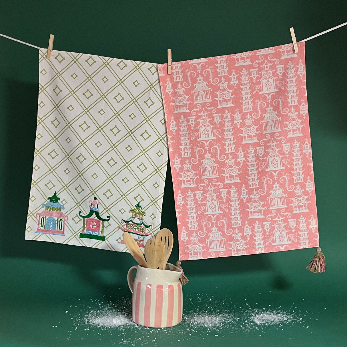 Three Embroidered Pagodas on White and Many White Pagodas on Pink Tea Towels