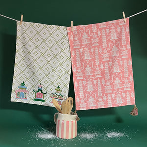 Three Embroidered Pagodas on White and Many White Pagodas on Pink Tea Towels