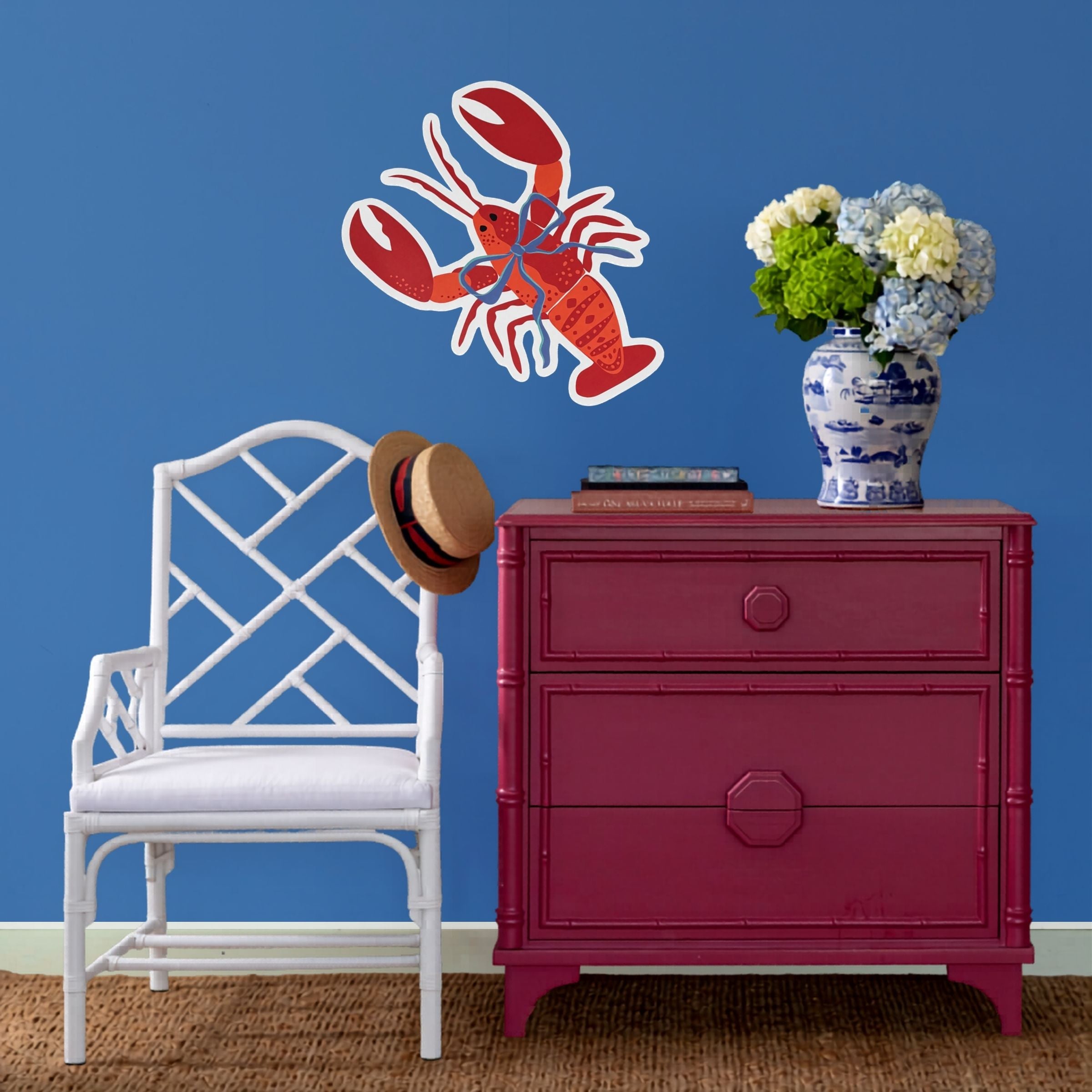 Madcap Cottage lobster coastal wall decal displayed in a colorful coastal-inspired room.