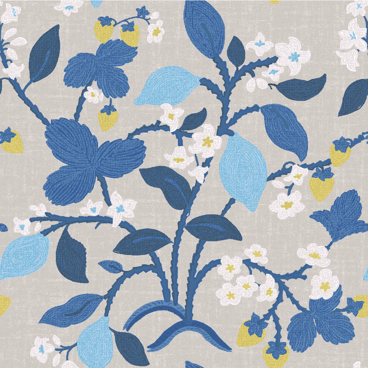 a strawberry fabric sample featuring colorful strawberry and lemon motifs on a grey background