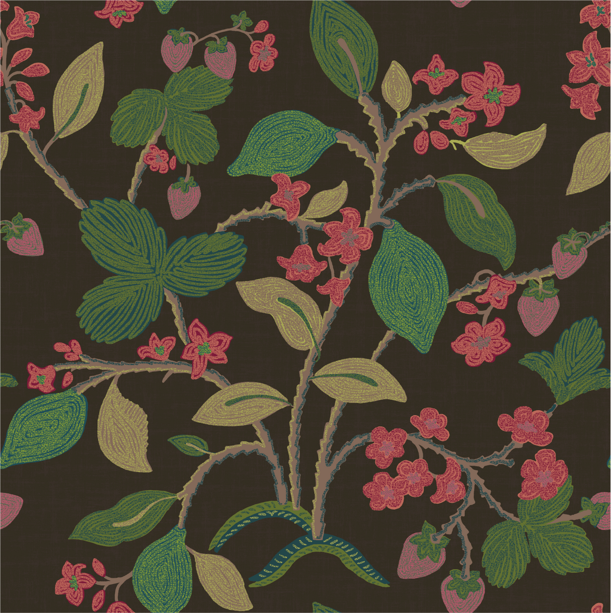 a strawberry fabric sample featuring colorful strawberry and lemon motifs on a brown background