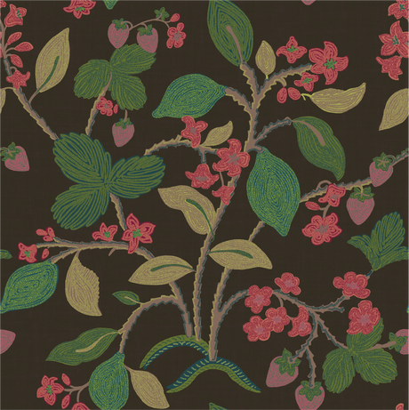 a strawberry fabric sample featuring colorful strawberry and lemon motifs on a brown background