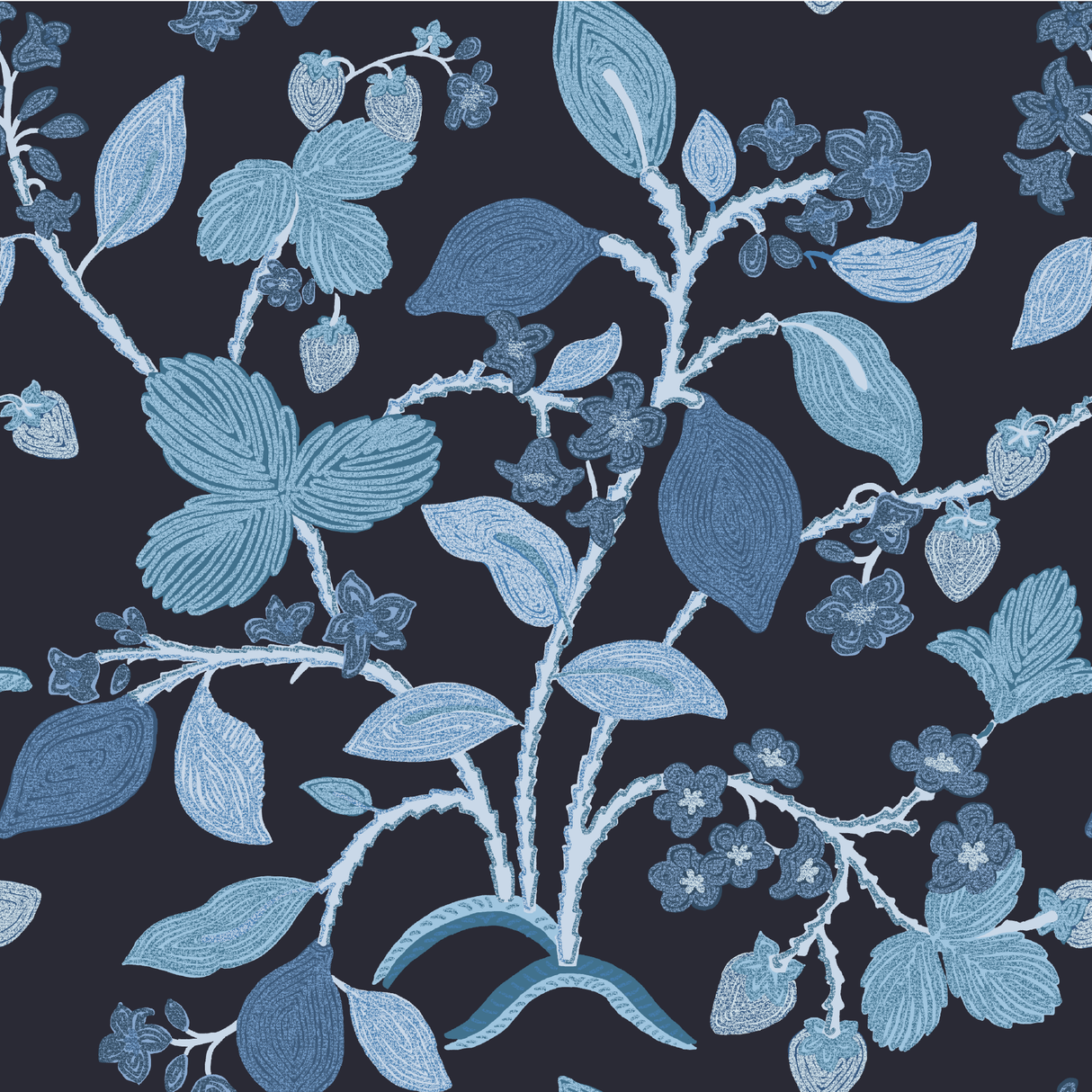 A strawberry fabric sample with strawberry and lemon motifs in blue tones against a navy blue background. 