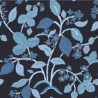 A strawberry fabric sample with strawberry and lemon motifs in blue tones against a navy blue background. 