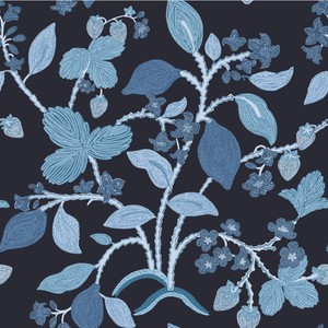 A strawberry fabric sample with strawberry and lemon motifs in blue tones against a navy blue background. 