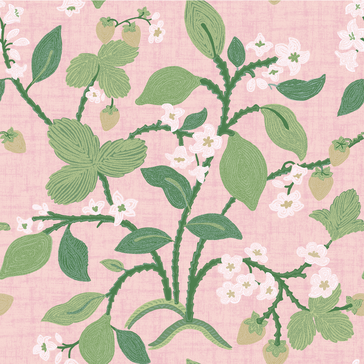 a strawberry fabric sample featuring colorful strawberry and lemon motifs on a pink background