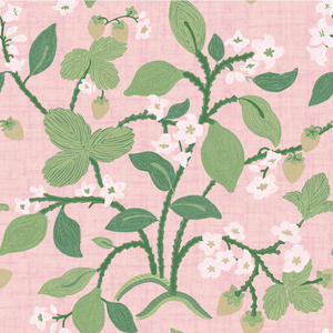 a strawberry fabric sample featuring colorful strawberry and lemon motifs on a pink background