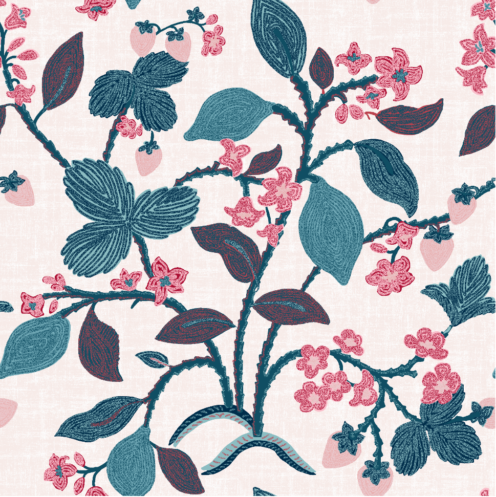 a strawberry fabric sample featuring pink and red strawberry and lemon motifs on a white background