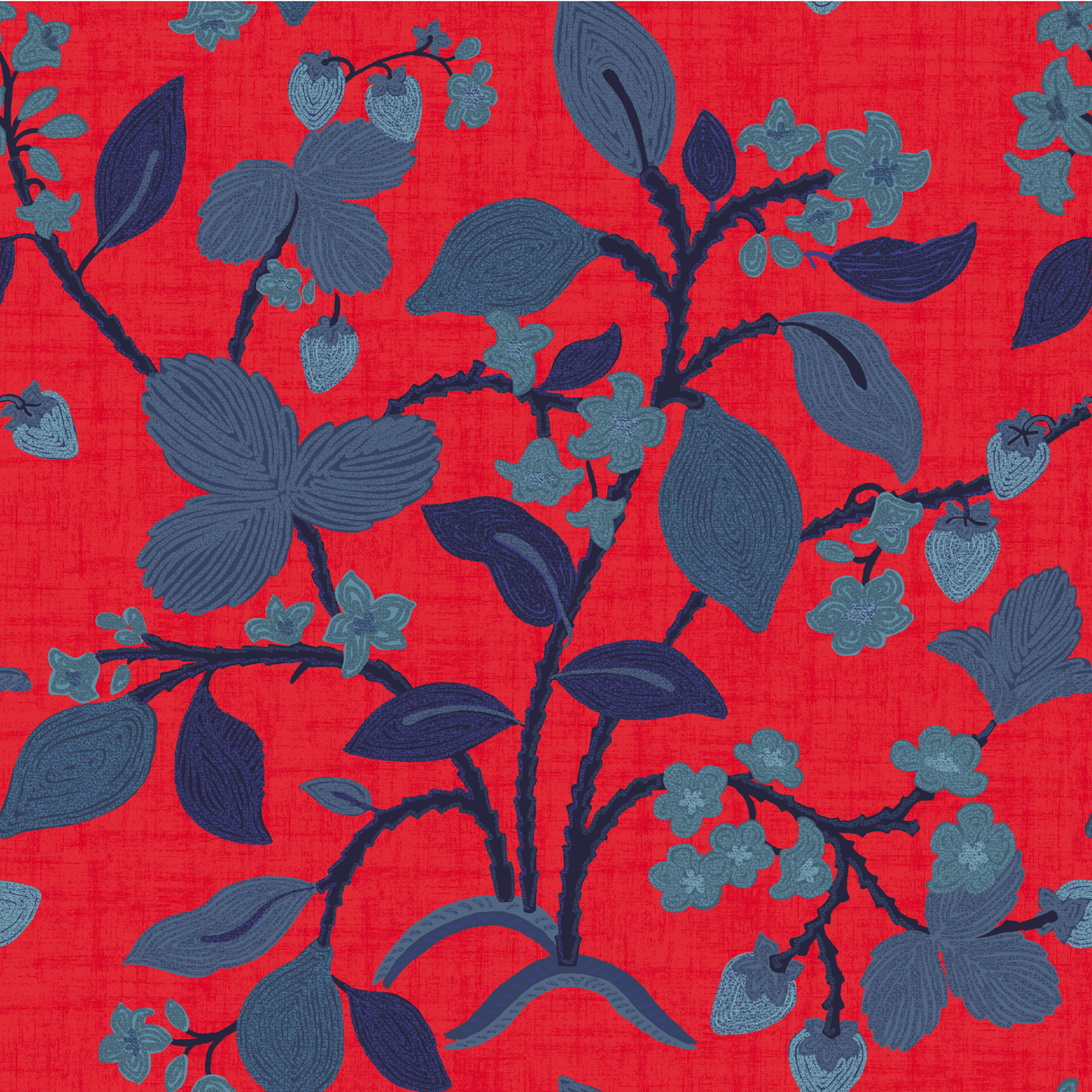 a strawberry fabric sample featuring colorful strawberry and lemon motifs on a red background
