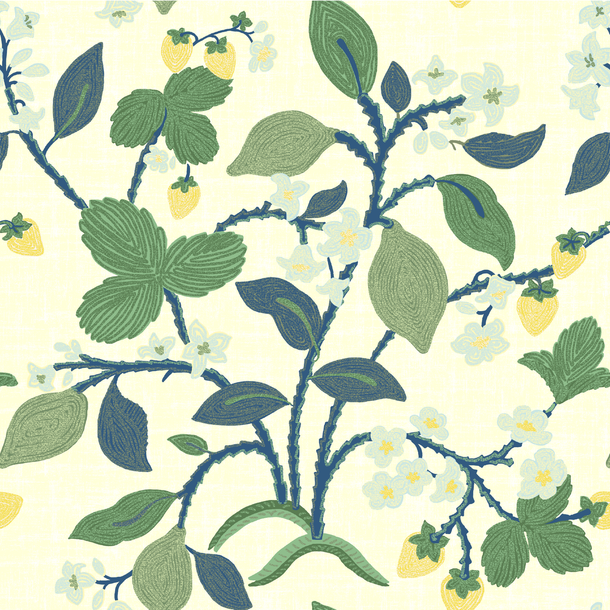 a strawberry fabric sample featuring colorful strawberry and lemon motifs on a yellow background