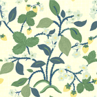 a strawberry fabric sample featuring colorful strawberry and lemon motifs on a yellow background