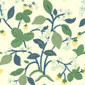 a strawberry fabric sample featuring colorful strawberry and lemon motifs on a yellow background