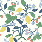 a strawberry fabric sample featuring colorful strawberry and lemon motifs on a white background