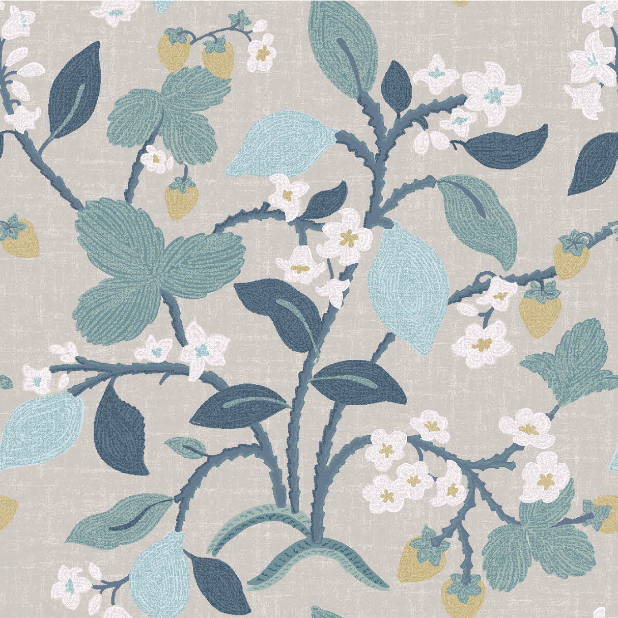 a strawberry fabric sample featuring colorful strawberry and lemon motifs on a grey background