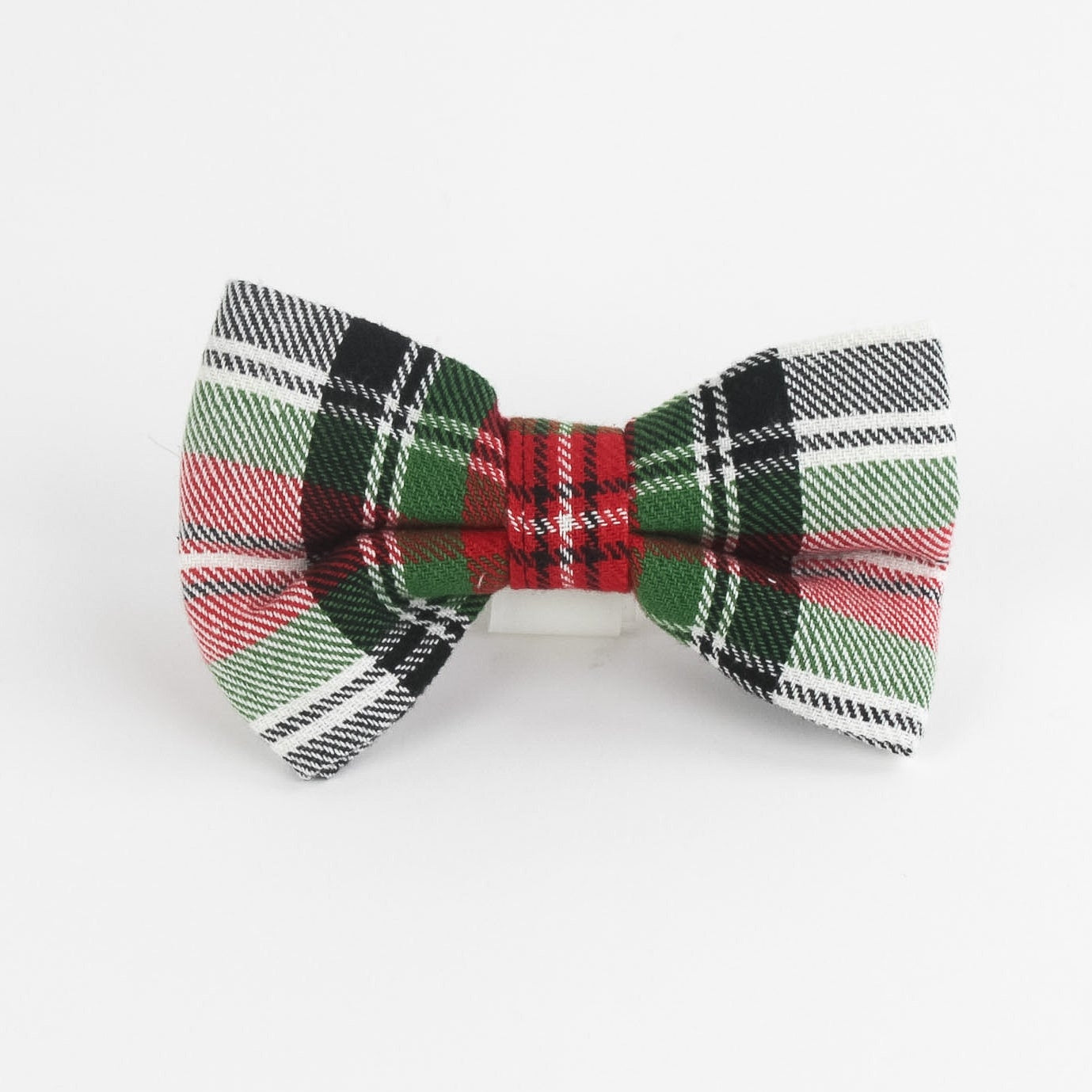 a McNixon Red/White/Dark Green Plaid Dog/Cat Bowties in Large placed on a white surface