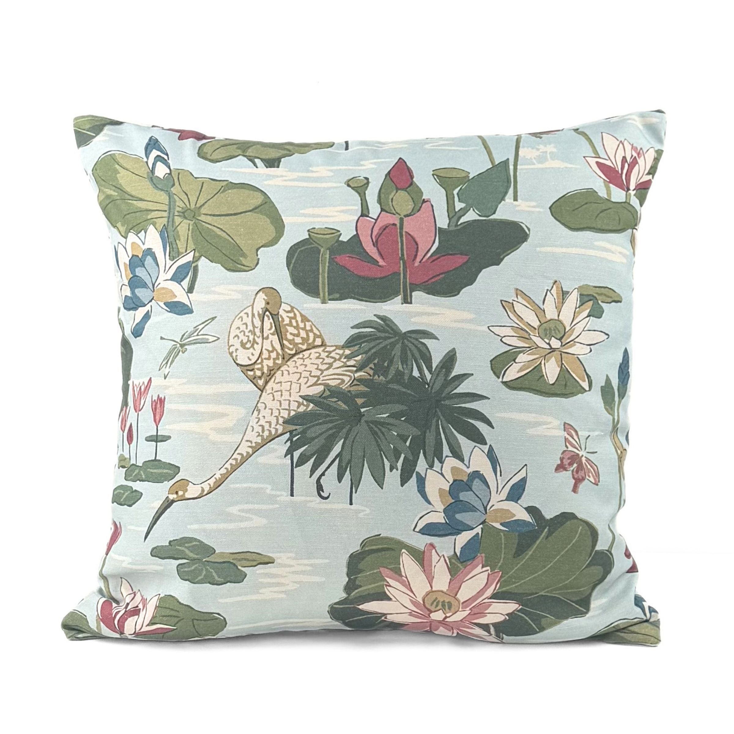 Meadow Club Floral Swan outdoor pillow with serene botanical design.