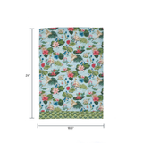 a green and blue floral tea towel with heron and waterlily motifs against a white background with dimensions that read 24" x 18.5"