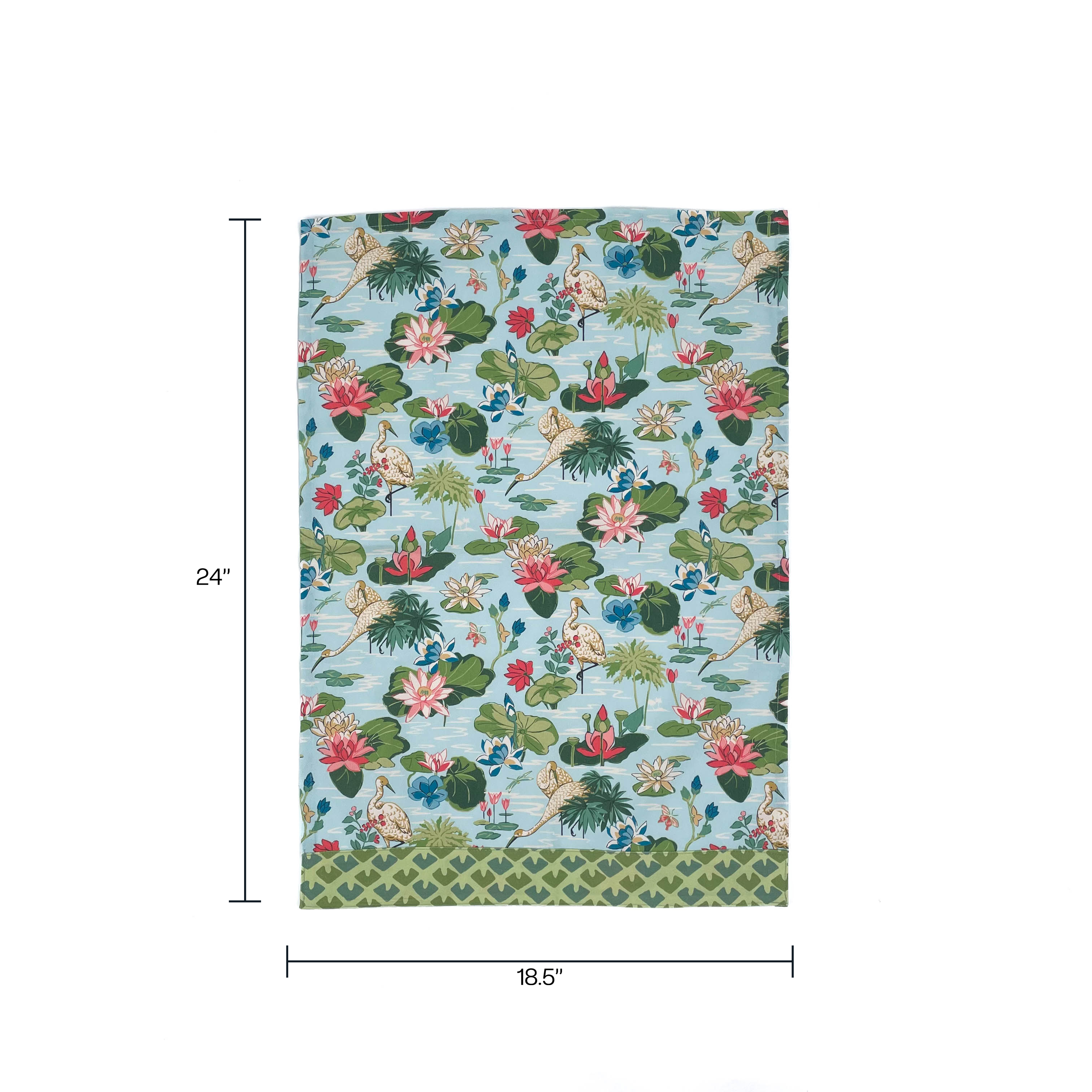 a green and blue floral tea towel with heron and waterlily motifs against a white background with dimensions that read 24" x 18.5"